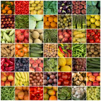 Collage of vegetables and fruits like asparagus, lettuces, tomatoes and apples