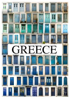 A collage of greek doors, classified by colors tonality and presented in a white border with the city name Greece in the middle.