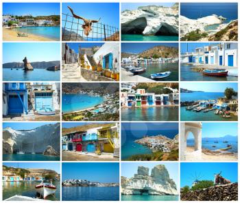 Collage of 20 images from famous location in the cyclades, Greece