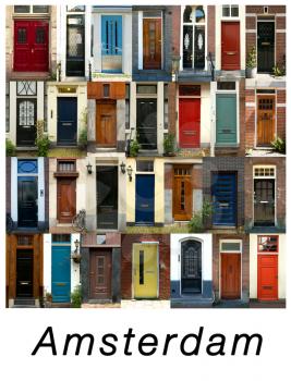 A collage of ancient doors from Amsterdam in Holland, presented in a white border with the city name Amsterdam.