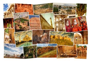 Collage of images from famous location in Rajasthan, north India on white background