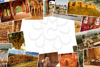 Collage of images from famous location in Rajasthan, India with copy space in the middle