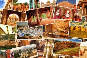 Collage of images from famous location in Rajasthan, north India 