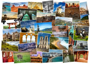 Collage from fabulous location from everywhere, landmark, landscape and  animals with white border
