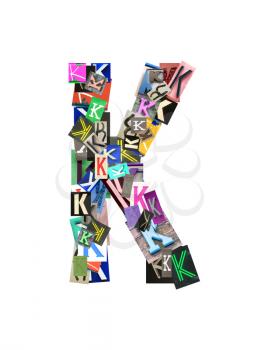 Alphabet collection Capital K, with the letter being formed with a collage of smaller images, of both capital and lowercase letters, in a variety of fonts and colours. Isolated on white background