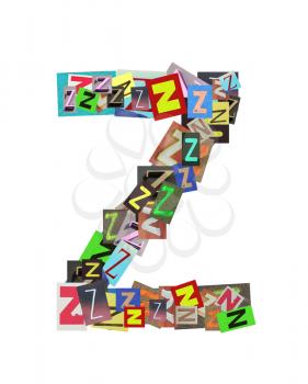 Alphabet collection Capital Z, with the letter being formed with a collage of smaller images, of both capital and lowercase letters, in a variety of fonts and colours. Isolated on white background