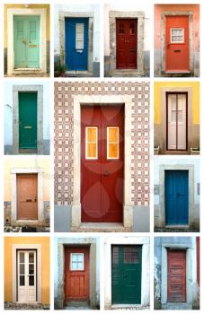 A collage of ancient colorful wooden doors from Lisbon in Portugal