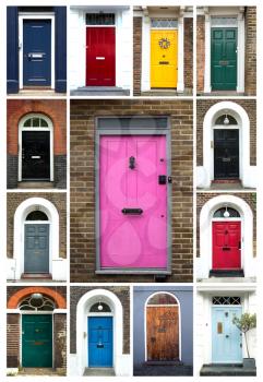 A collage of ancient colorful wooden doors from London in UK