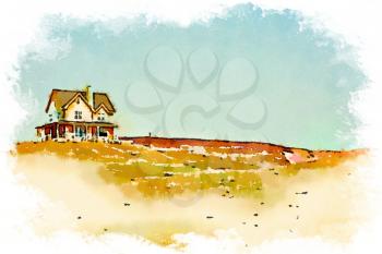 Digital watercolour of a house on a butte in a blue sky