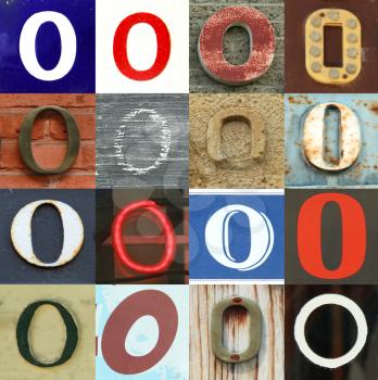 Numbers collection 0 in different colours and patterns as wood, paper and brick 