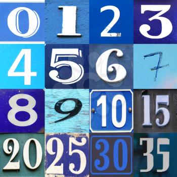 Numbers collection 0 to 15 in different blue tonality and patterns as wood, paper and metal 