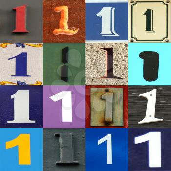 Numbers collection 1 in different colours and patterns as wood, paper and brick 