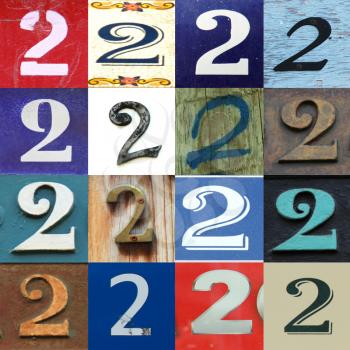 Numbers collection 2 in different colours and patterns as wood, paper and brick 
