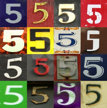 Numbers collection 5 in different colours and patterns as wood, paper and brick 