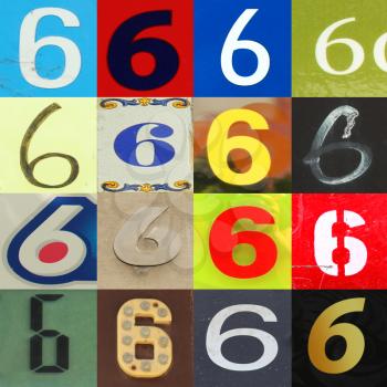 Numbers collection 6 in different colours and patterns as wood, paper and brick 