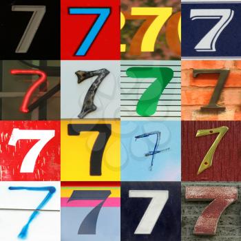 Numbers collection 7 in different colours and patterns as wood, paper and brick 