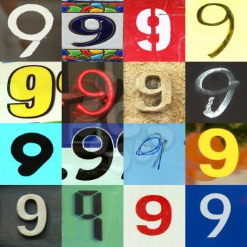 Numbers collection 9 in different colours and patterns as wood, paper and brick 