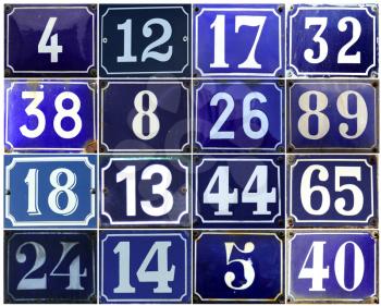 Collection of european adress numbers on metal plate in different blue tones