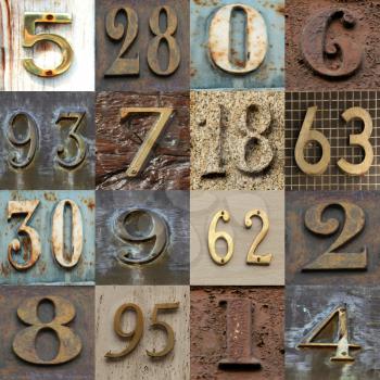 Collection with different numbers in different metal colours tones and patterns 