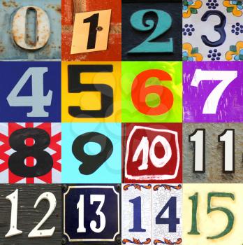Numbers collection in different colours and patterns 0 to 15 
