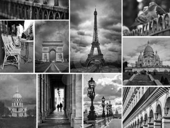Collage of different monuments and places in black and white in Paris in France