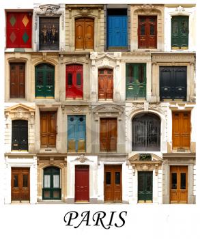 A collage of Parisian doors, presented in a white border with the city name Paris.