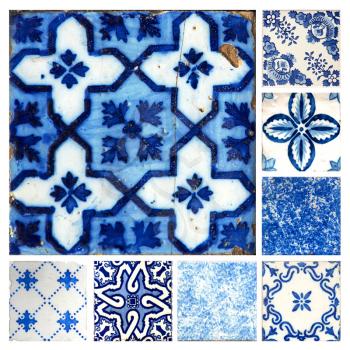 Collage of different photograph of blue tiles pattern from Portugal in Europe
