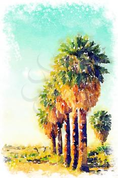 Digital watercolor of four palm trees in a row on a sand  beach
