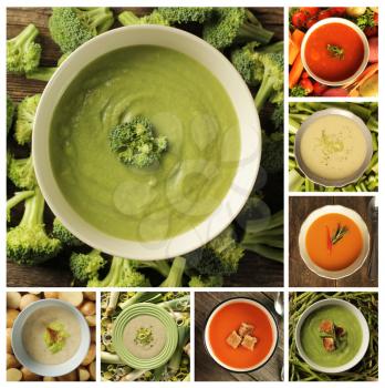 Collage showing different kind of soup, tomato, celery, asparagus, leek, vegetables, and potato