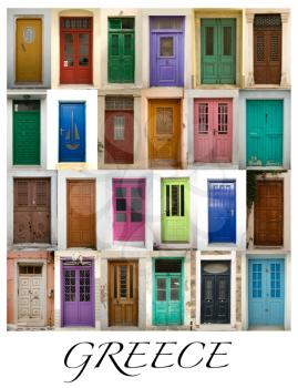 A collage of greek coloured doors presented in a white border with the city name Greece.