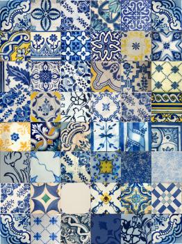 Set of 48 different blue patterns tiles in Lisbon, Portugal