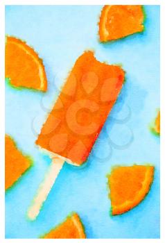Digital watercolour of orange popsicle on a bright pale blue with fresh fruits