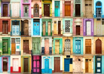 A collage of 40 ancient colorful wooden doors from Havana in Cuba