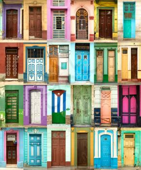 A collage of 24 ancient colorful wooden doors from Havana in Cuba