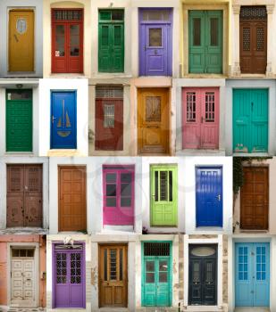 A collage of coloured greek doors