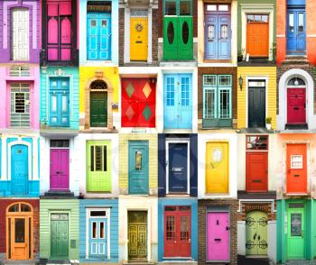A collage of 32 ancient colorful wooden doors 