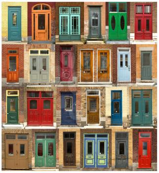 Collage of old and colorful doors on brick walls from Quebec, Canada