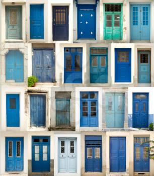 Collage of differents texture and blue doors in Greece
