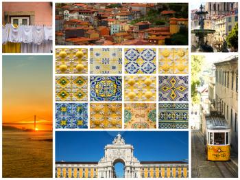 Collage about Portugal, sunset, tiles, tram etc