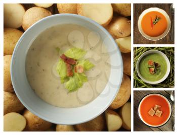 Collage showing different kind of soup, Tomato, celery, asparagus, leek, vegetables, and potato
