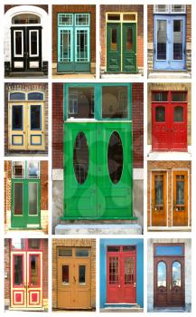 A collage of ancient colorful wooden doors from Quebec in Canada