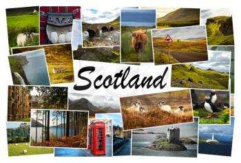 Collage of images from famous location in Scotland, UK with copy space in the middle and the word Scotland on white background