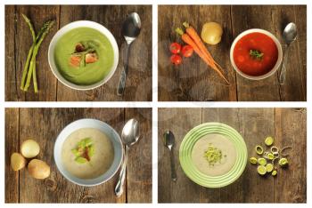 Collage of four different soups as leek, asparagus, potato and vegetables