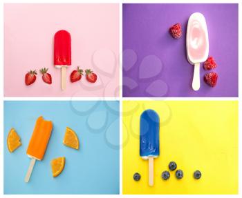 collage of 4 photographes with different kind of popsicle with different colours as a background 