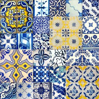 Set of different blue patterns tiles in Lisbon, Portugal