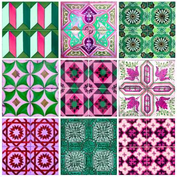 Photograph of traditional portuguese tiles in pink, green and purple