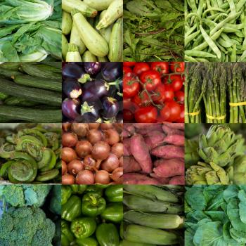 Collage of green vegetables like asparagus, lettuce, cucumber and peppers